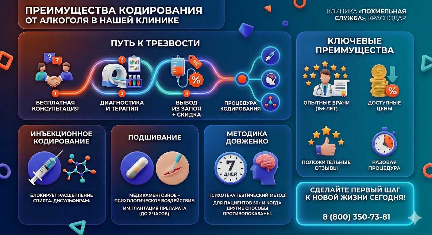 Инфографика о методах кодирования от алкоголя в Москаленках: инъекции, подшивание, метод Довженко. Преимущества клиники и этапы лечения.